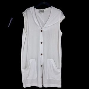 J. Valdi White Gauzy Hooded Cover-Up Tunic w/Wood Buttons and Deep Pockets SZ M